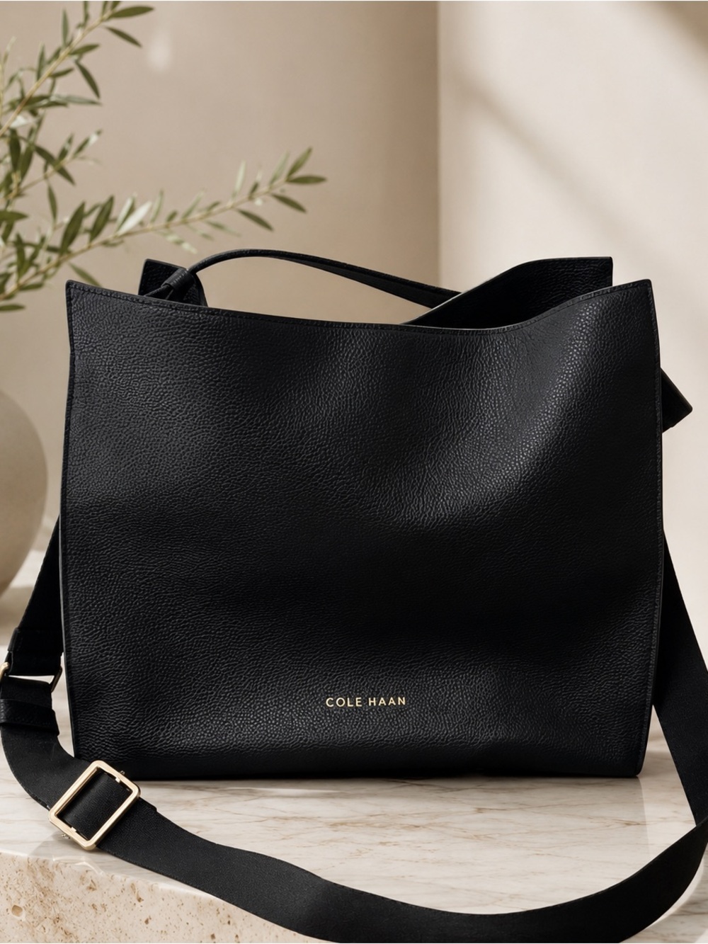 Cole Haan Black Pebbled Leather Shoulder Bag with Adjustable Strap